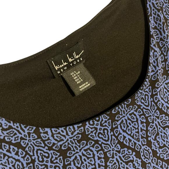 Nicole Miller New York Black Blue Print 3/4 Sleeve Shift Swing Dress Size Small - Picture 2 of 9